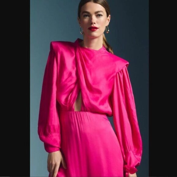 Farm Rio Maxi Dress Cut Out Satin Pink L Shoulder Pad Long-Sleeve Cocktail - Picture 6 of 16